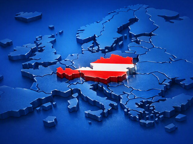 Bild Europa (in blau) und Österreich (rot-weiß-rot). KI generiert mit u:ai